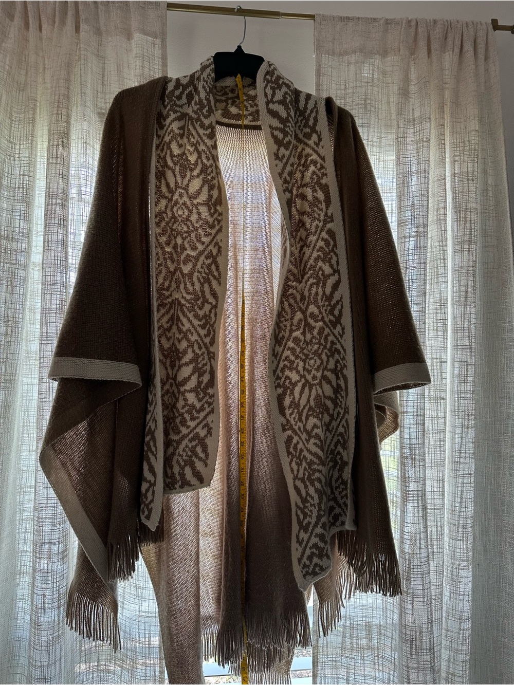 Beautiful Soft Fall Transition Brown and Cream Patterned Fringe Poncho Cape